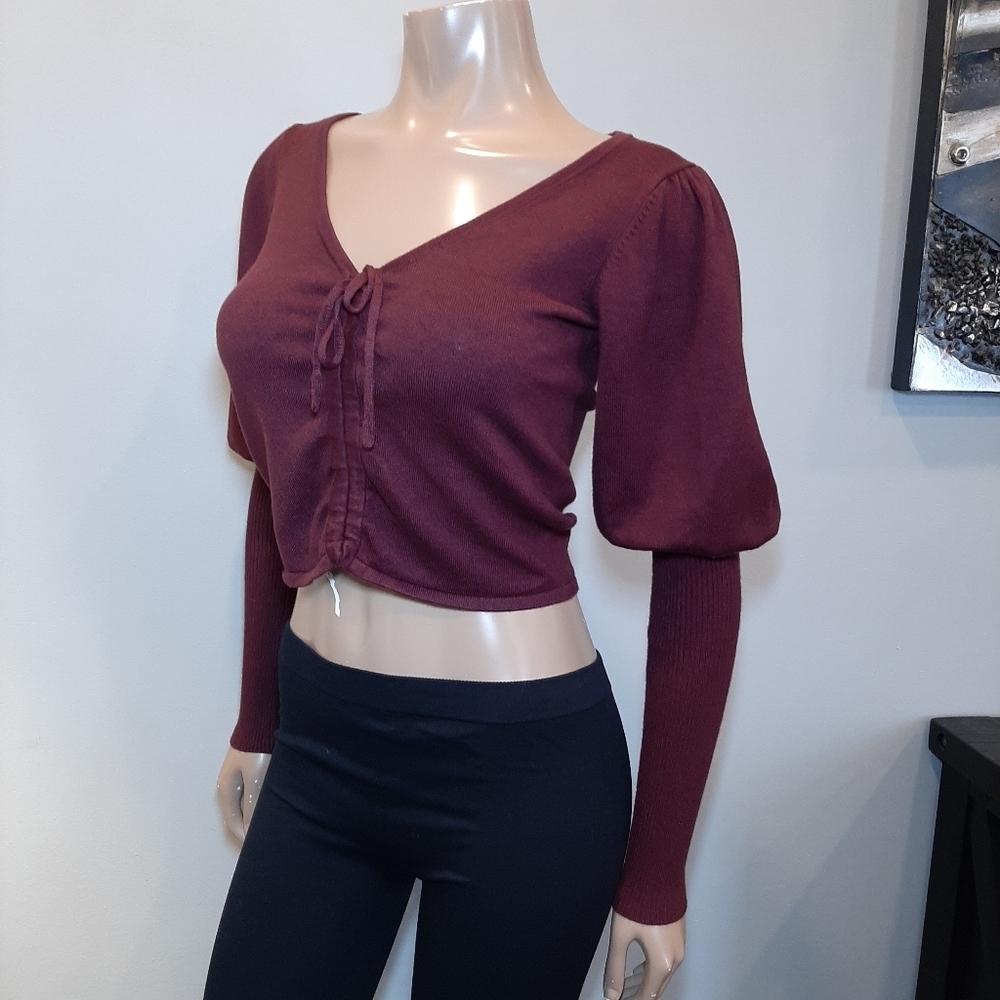 💠Guess Layla Puff Sleeve Cropped Sweater Cinch Drawstring Front Ribbed Pullover - Picture 7 of 13